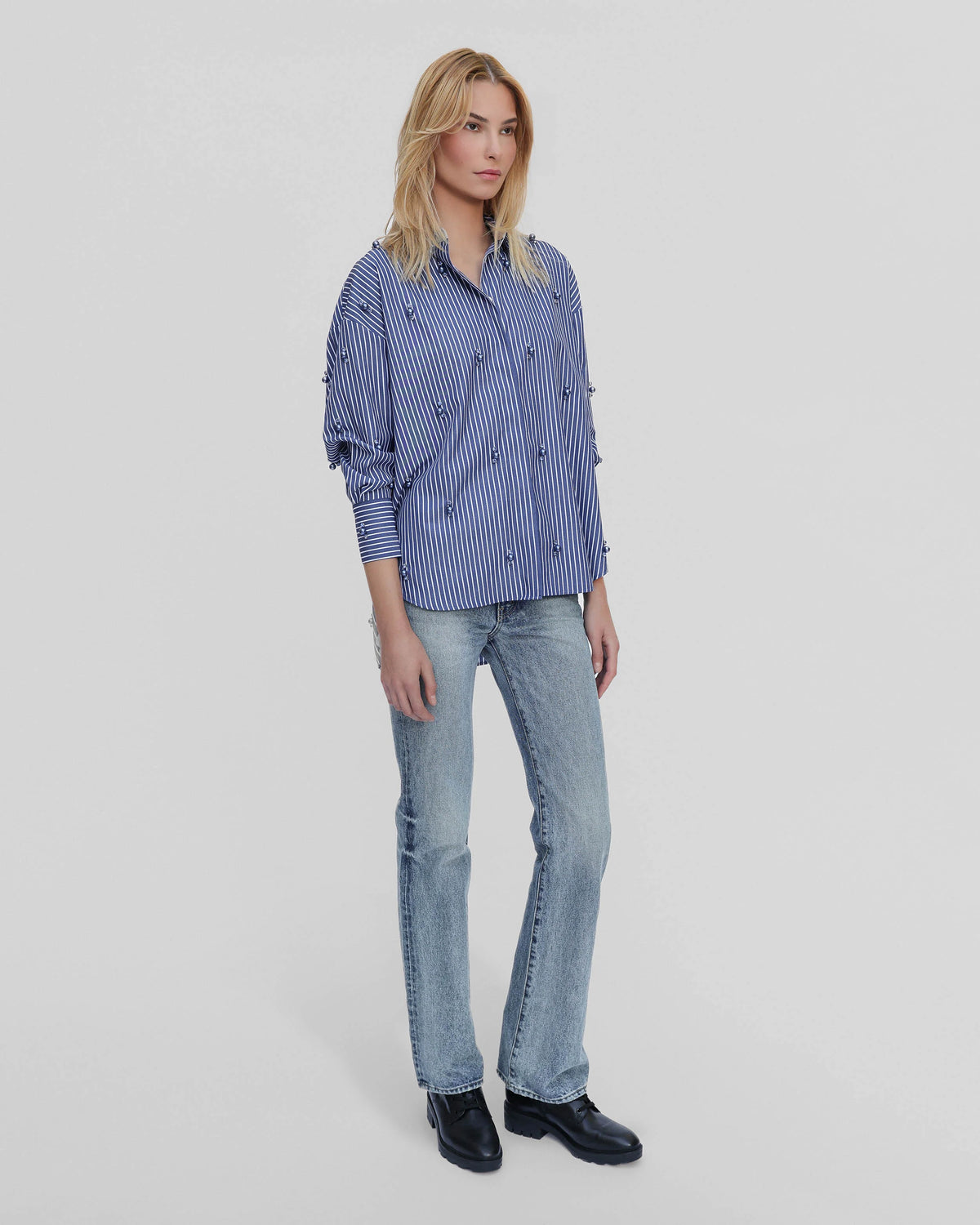 Echo Stripe Crystal Boyfriend Shirt | Ink Blue