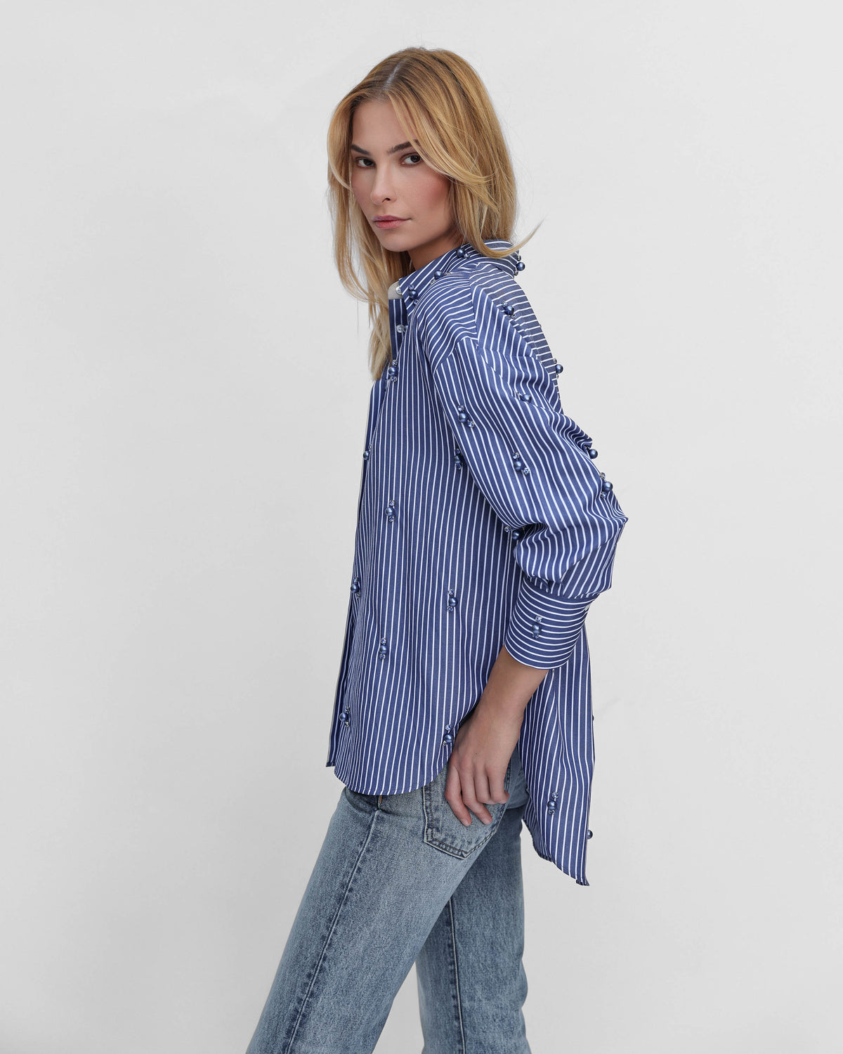 Echo Stripe Crystal Boyfriend Shirt | Ink Blue