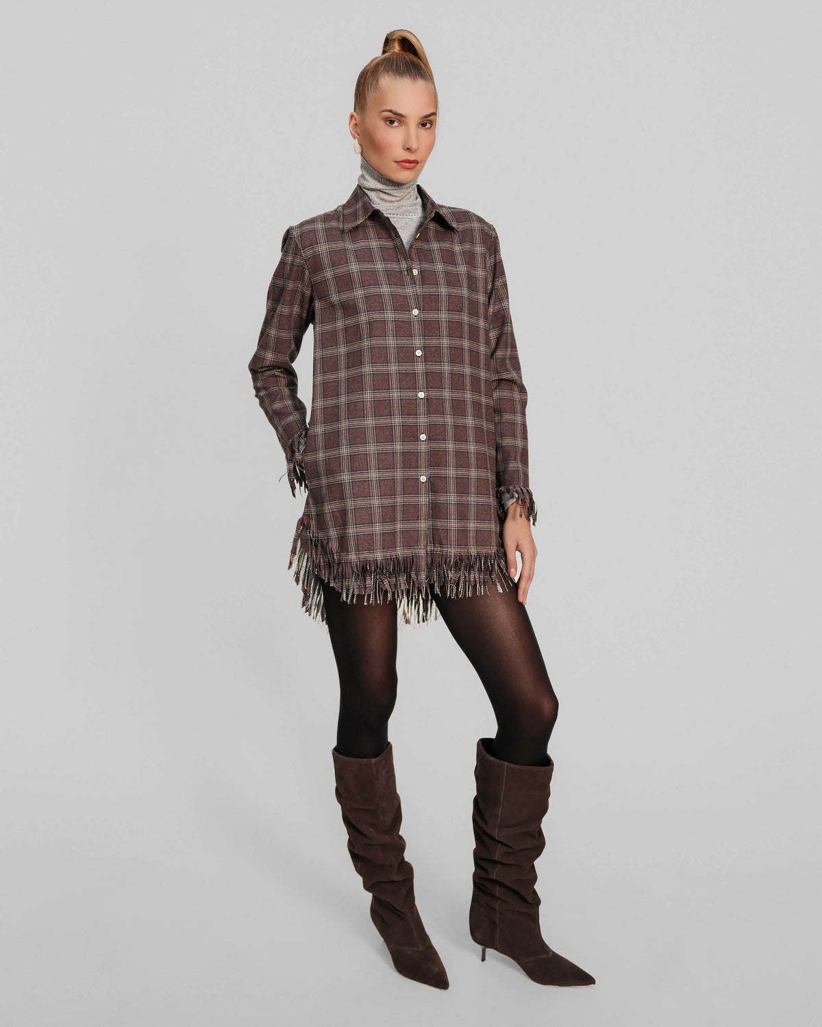 Europa Plaid Flannel Crystal Fringe Mini Dress | Huckelberry