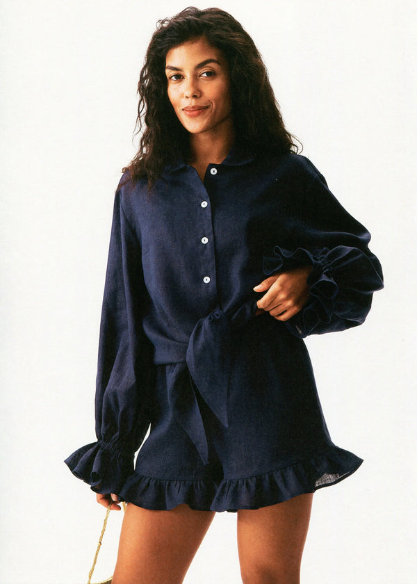 Sleeper Rumba Linen Lounge Short Set | Navy