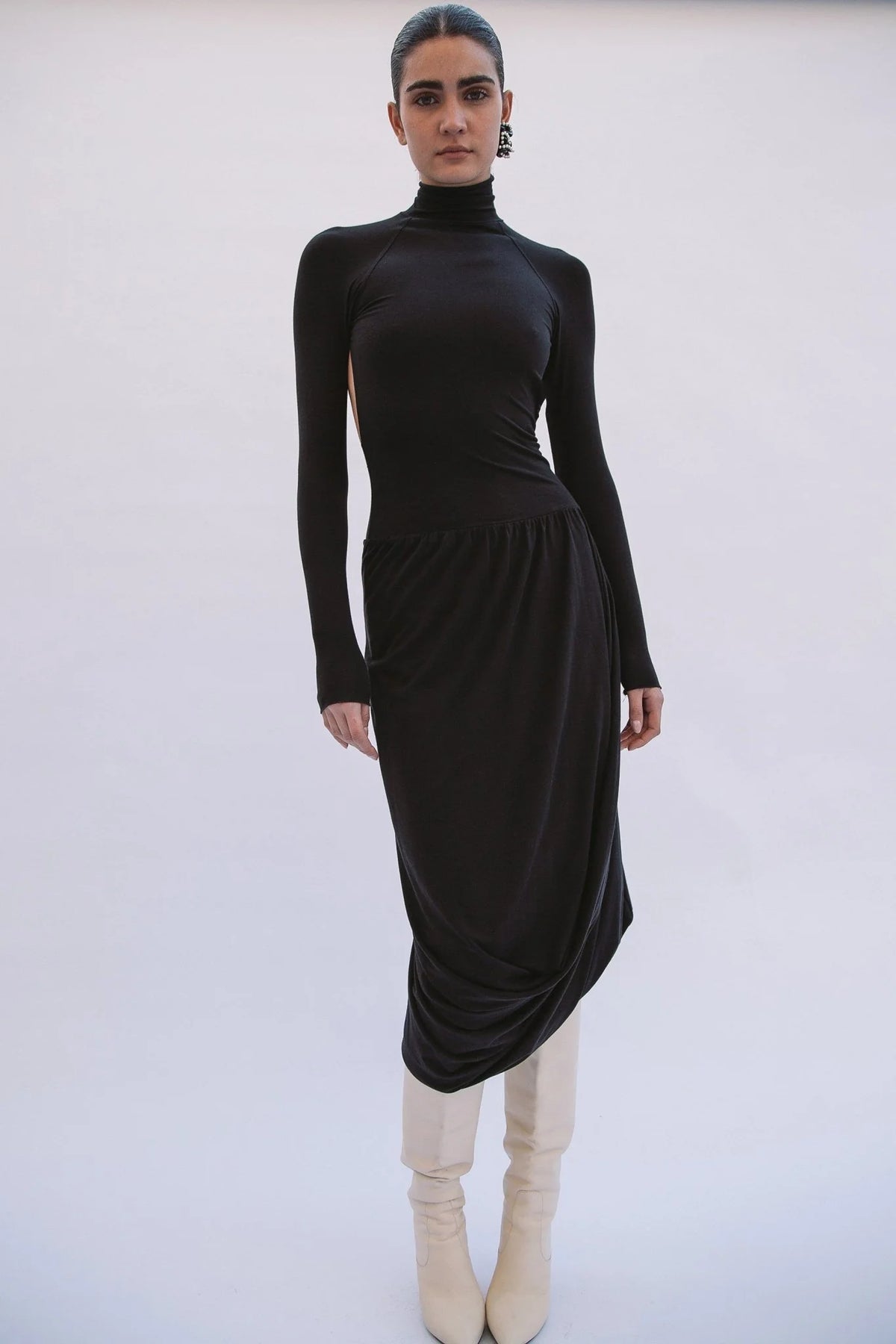Jan Open Black Draped Midi Dress | Black