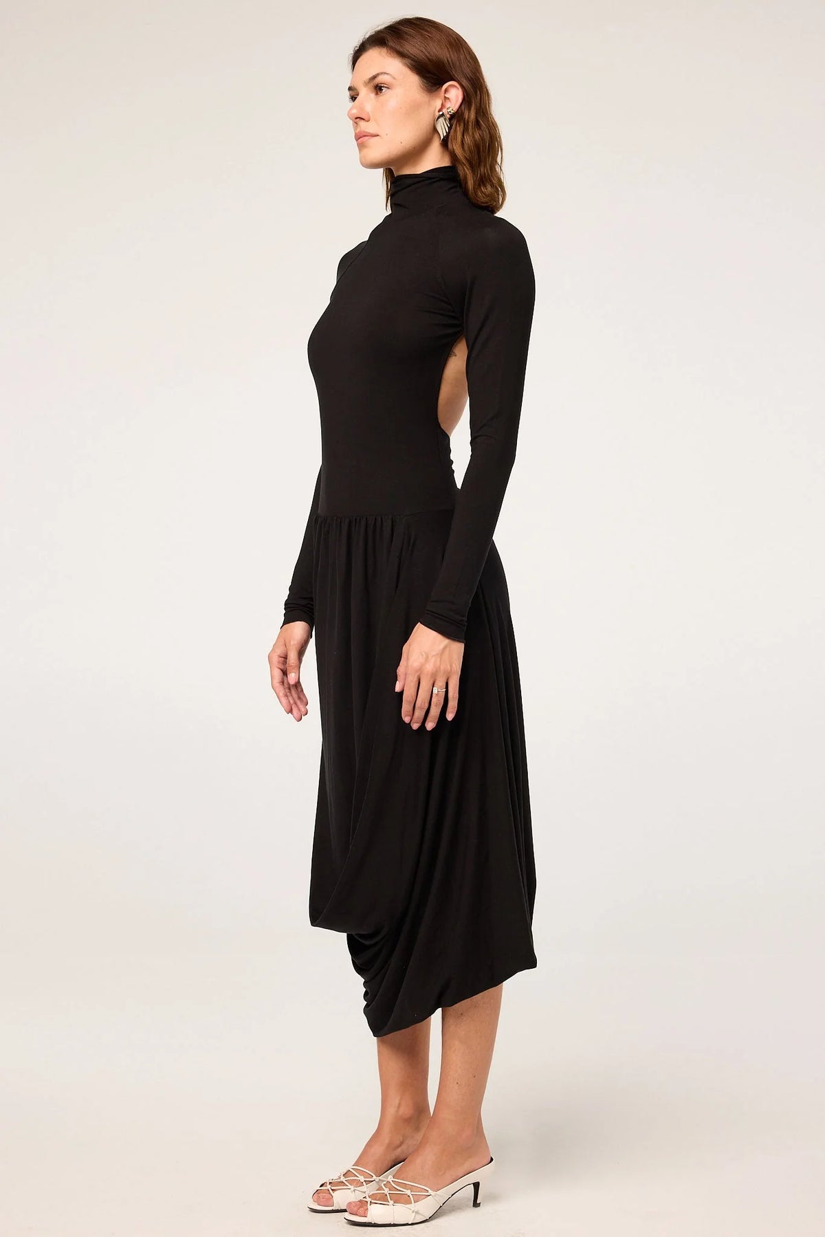 Jan Open Black Draped Midi Dress | Black