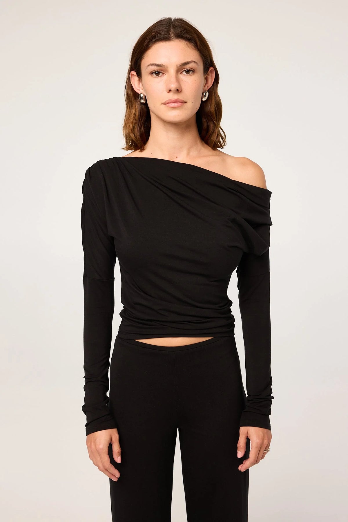 Jana Long Sleeve Draped Top | Black