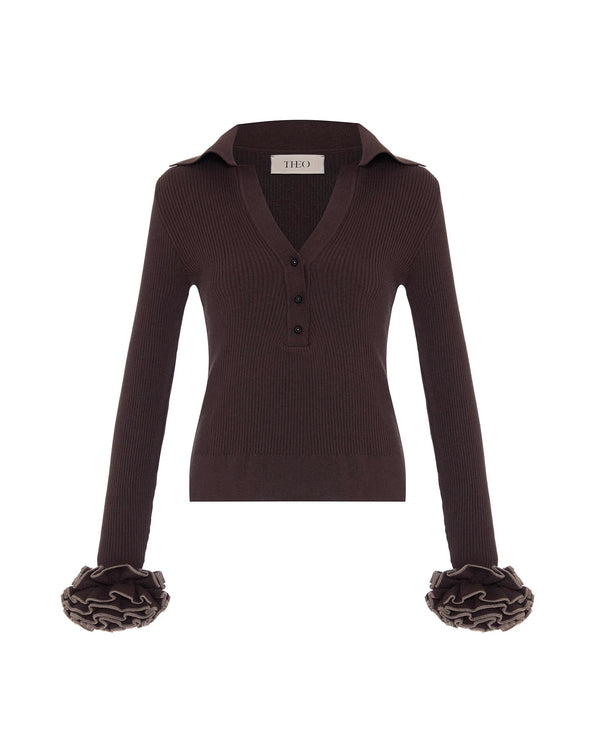 Theo the Label Nomia Ribbed Pullover with Ruffle Sleeves | Koffee Bean